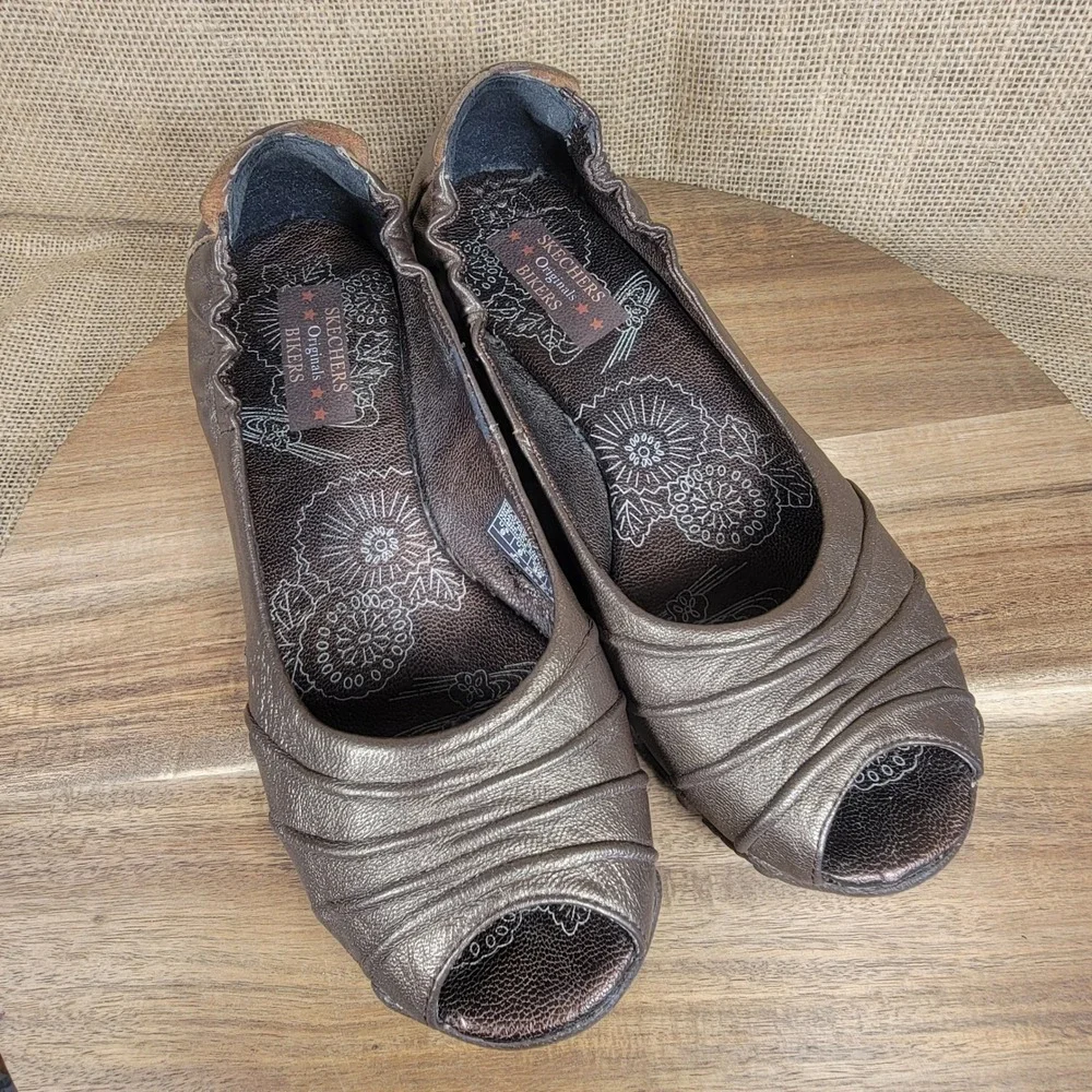 Skechers Originals Bikers Flats Leather Peep Toe Bronze Slip On Shoes Women's 9